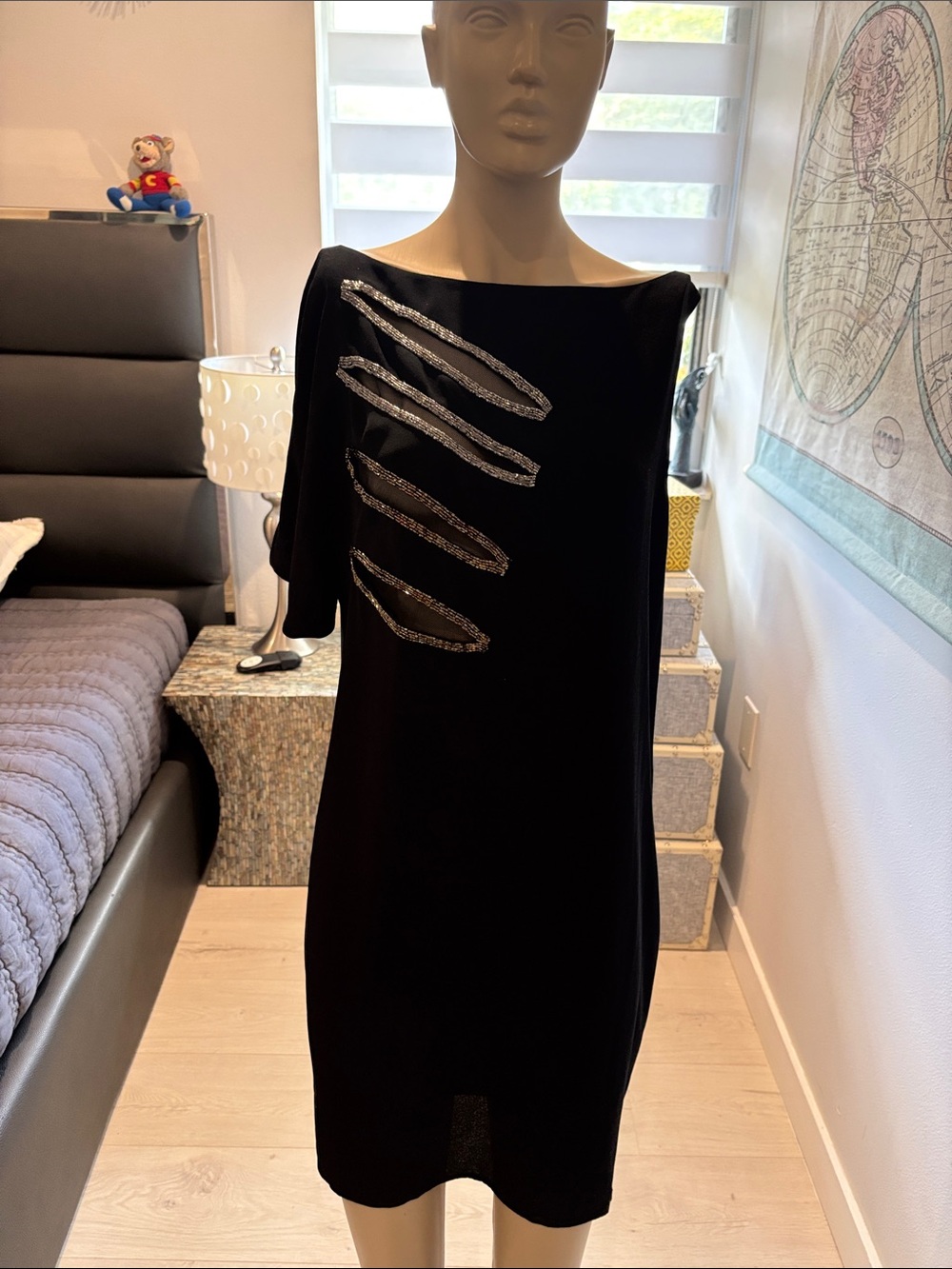 Black Midi Dress with Silver Sequin Stripes - Women's Boatneck Shift